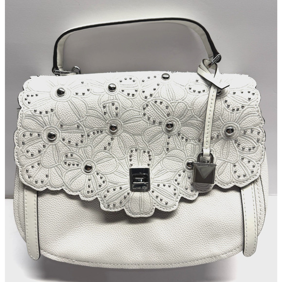 MICHAEL Michael Kors Handbags - Michael Kors Cassie Large Satchel Leather Handbag Optic White Floral Cutout New